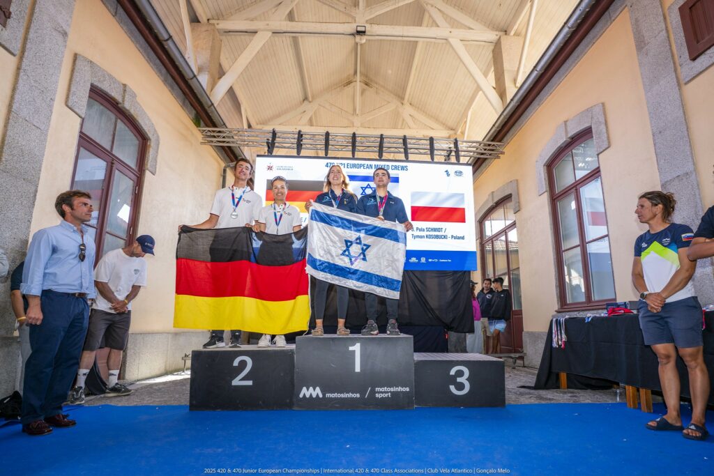 Amelie und Ricardo stehen auf dem 2. Platz auf einem Podest und halten die Deutschland-Flagge hoch. Auf Platz 1 hält ein Team die Israel-Flagge hoch. Platz 3 ist leer.